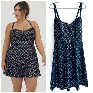 Torrid Wireless Long Lattice Front Swim Dress With Brief Peach Mermaid Blue Sz 4
